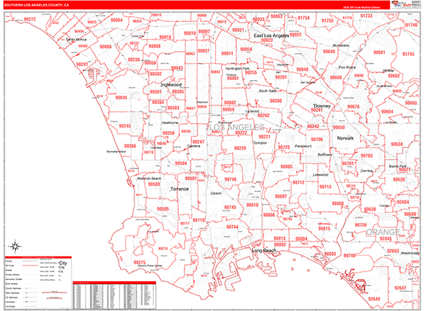 Southern Los Angeles County Metro Area Wall Map Red Line Style